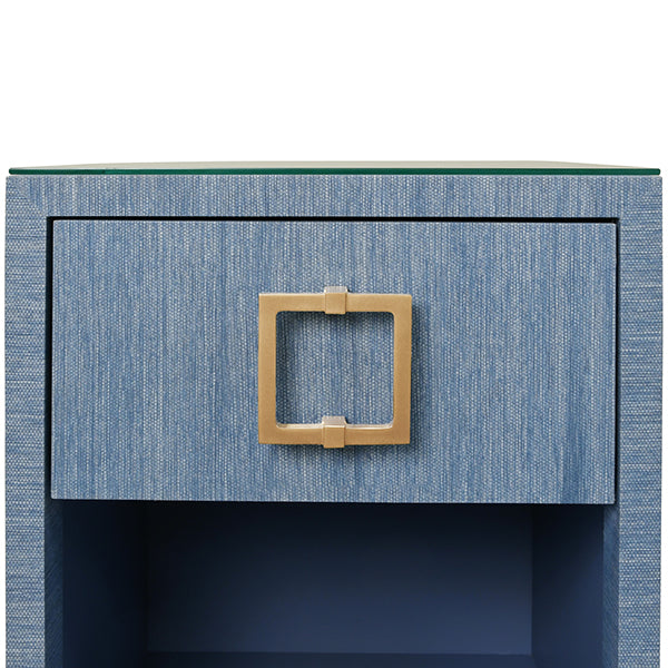 Side Tables One Drawer Side Table With Large Brass Square Hardware In Blue Dyed Grasscloth With Glass Top
