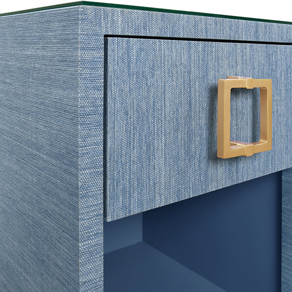 One Drawer Side Table With Large Brass Square Hardware In Blue Dyed Grasscloth With Glass Top