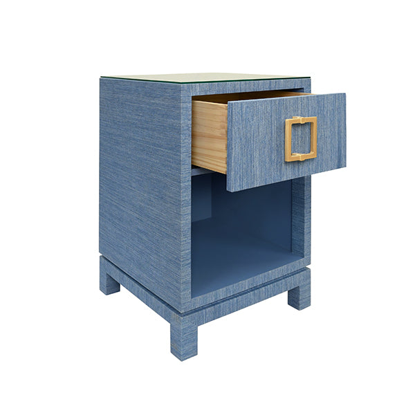Side Tables One Drawer Side Table With Large Brass Square Hardware In Blue Dyed Grasscloth With Glass Top