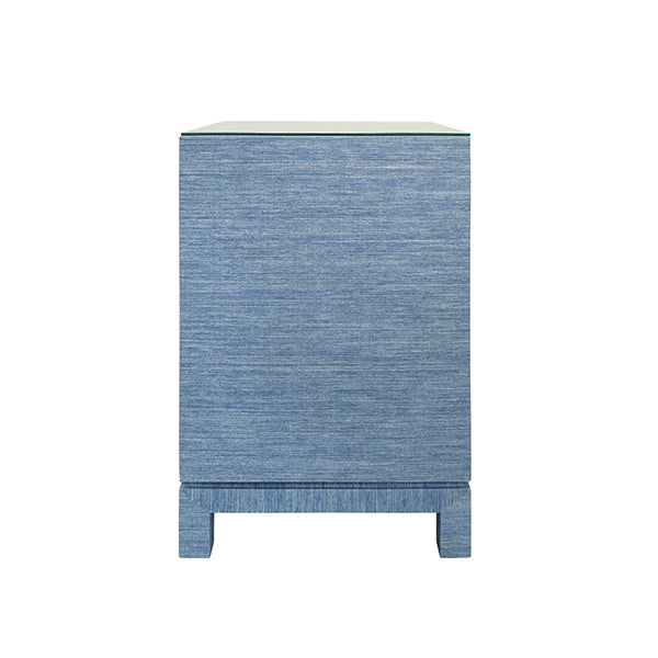 One Drawer Side Table With Large Brass Square Hardware In Blue Dyed Grasscloth With Glass Top