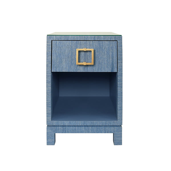 Side Tables One Drawer Side Table With Large Brass Square Hardware In Blue Dyed Grasscloth With Glass Top