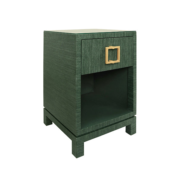 Side Tables One Drawer Side Table With Large Brass Square Hardware In Green Dyed Grasscloth With Glass Top