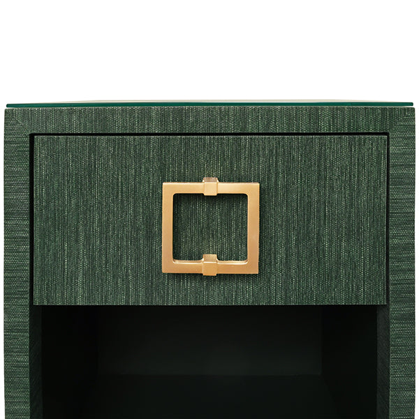 Side Tables One Drawer Side Table With Large Brass Square Hardware In Green Dyed Grasscloth With Glass Top
