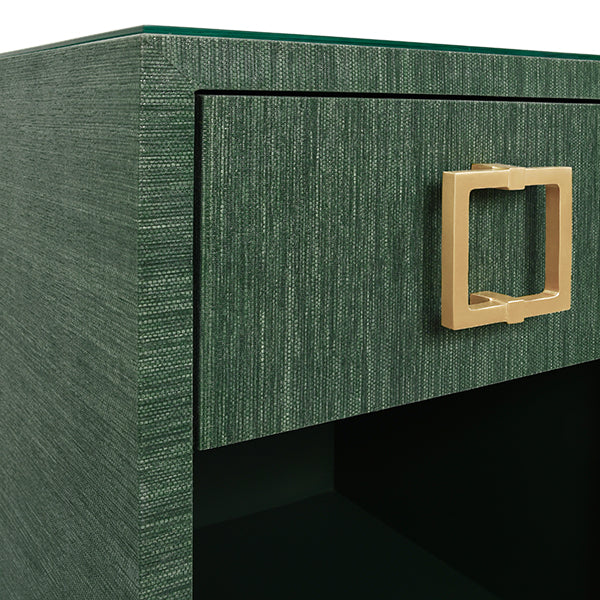 One Drawer Side Table With Large Brass Square Hardware In Green Dyed Grasscloth With Glass Top
