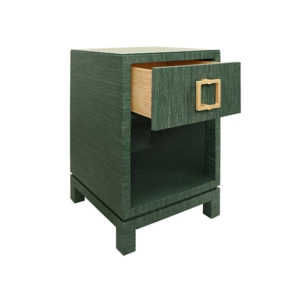 Side Tables One Drawer Side Table With Large Brass Square Hardware In Green Dyed Grasscloth With Glass Top