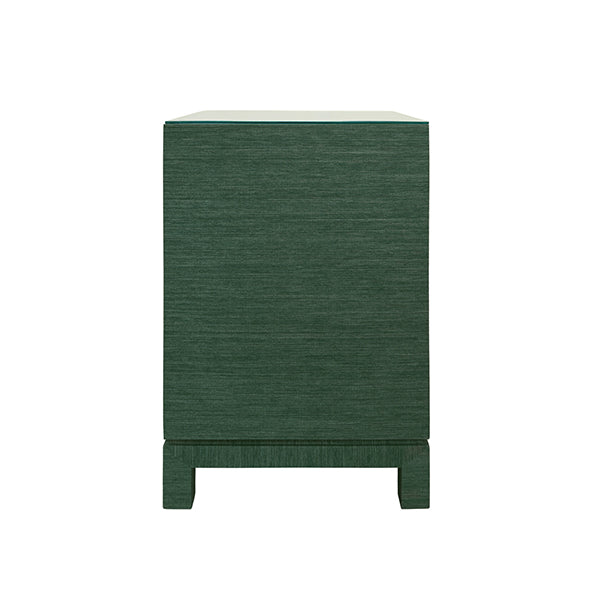 One Drawer Side Table With Large Brass Square Hardware In Green Dyed Grasscloth With Glass Top