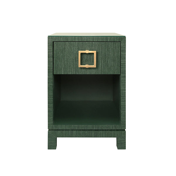 Side Tables One Drawer Side Table With Large Brass Square Hardware In Green Dyed Grasscloth With Glass Top