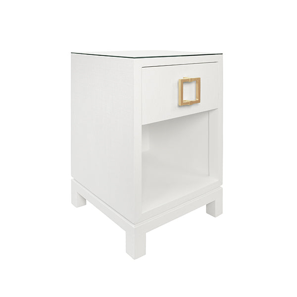Side Tables One Drawer Side Table With Large Brass Square Hardware In White Textured Linen With Glass Top