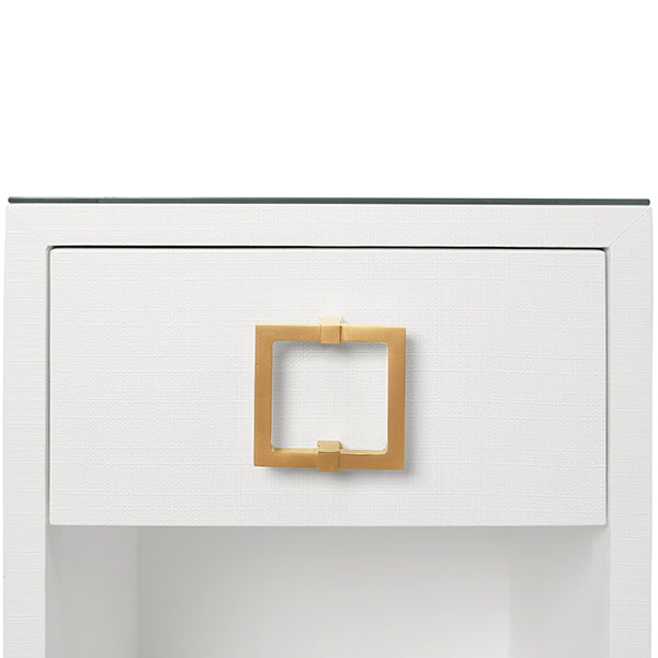 Side Tables One Drawer Side Table With Large Brass Square Hardware In White Textured Linen With Glass Top