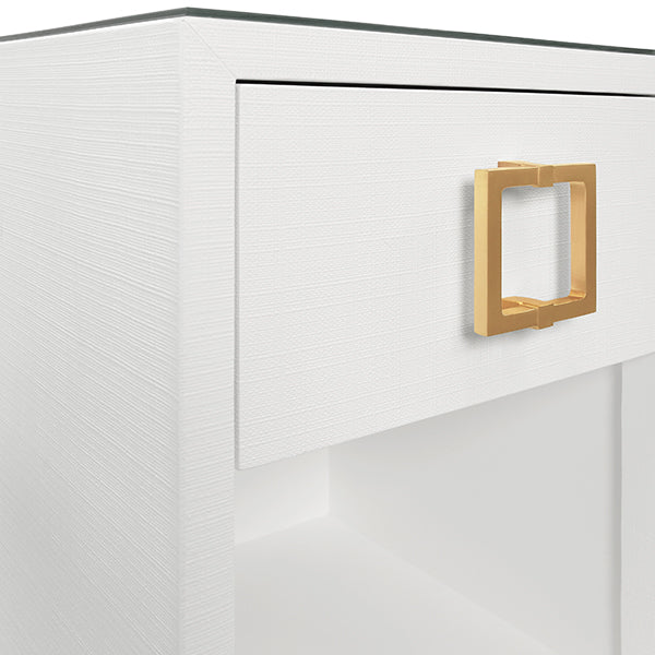 One Drawer Side Table With Large Brass Square Hardware In White Textured Linen With Glass Top