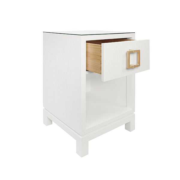 Side Tables One Drawer Side Table With Large Brass Square Hardware In White Textured Linen With Glass Top