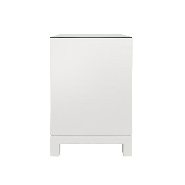 One Drawer Side Table With Large Brass Square Hardware In White Textured Linen With Glass Top