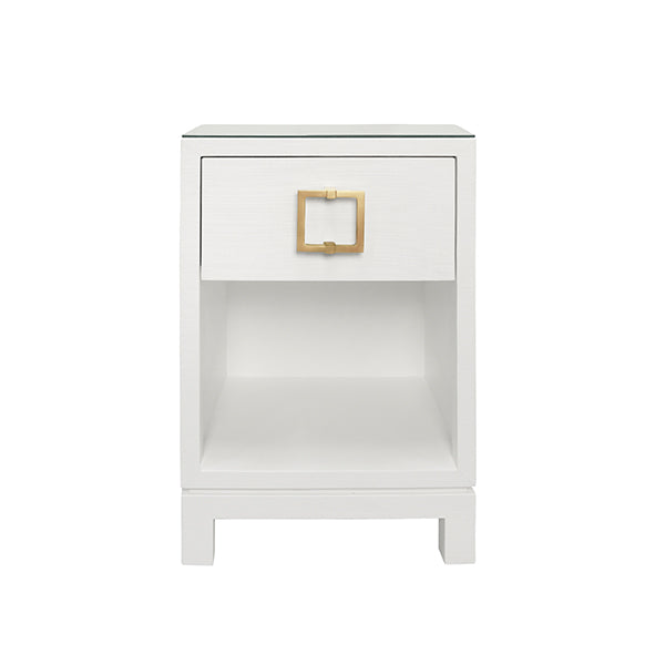 Side Tables One Drawer Side Table With Large Brass Square Hardware In White Textured Linen With Glass Top