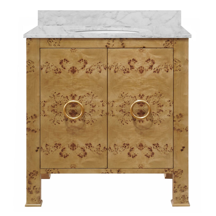 Blanche - Bath Vanity In Burl Wood W/ Ant. Brass Hardware, White Marble Top, And Porcelain Sink