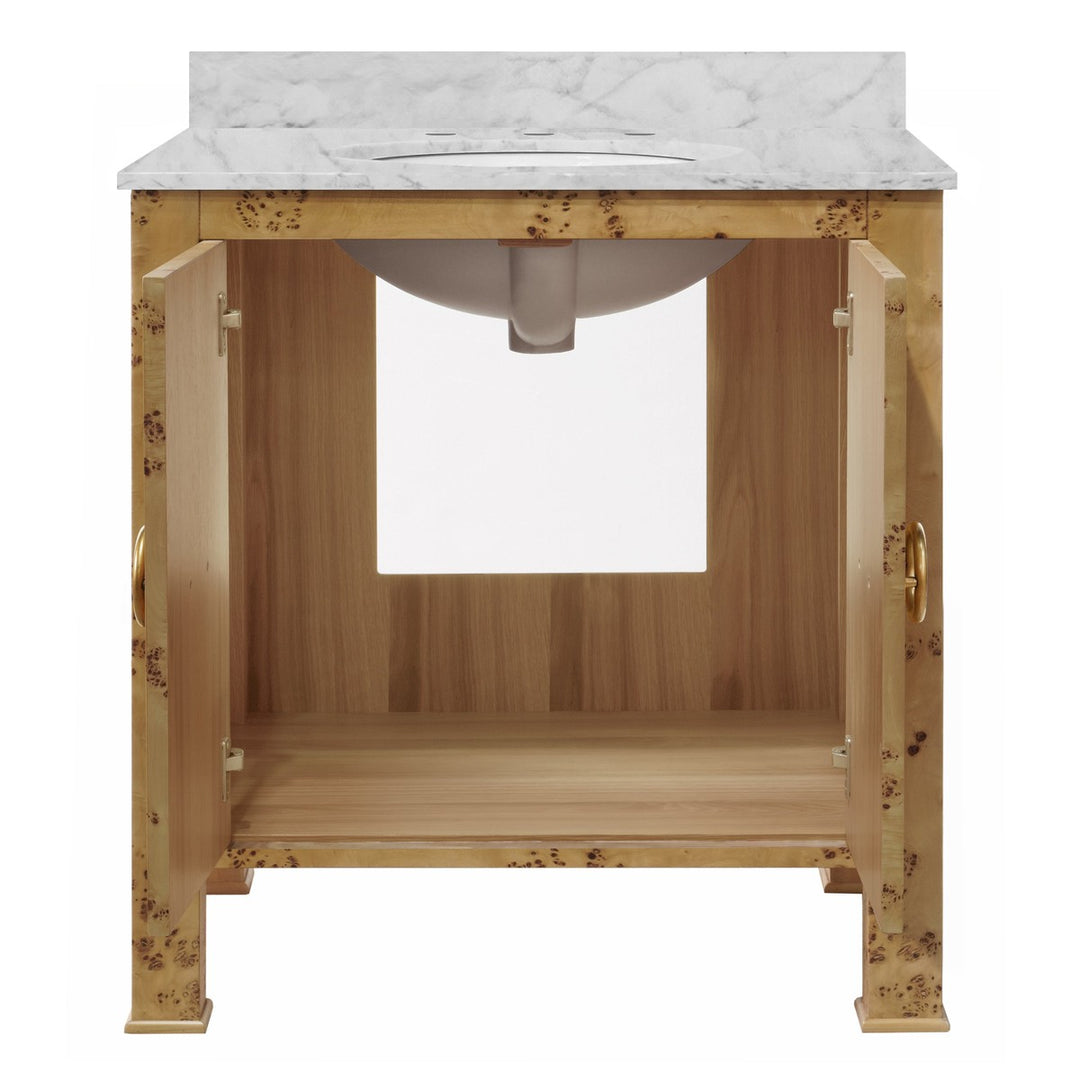 Blanche - Bath Vanity In Burl Wood W/ Ant. Brass Hardware, White Marble Top, And Porcelain Sink