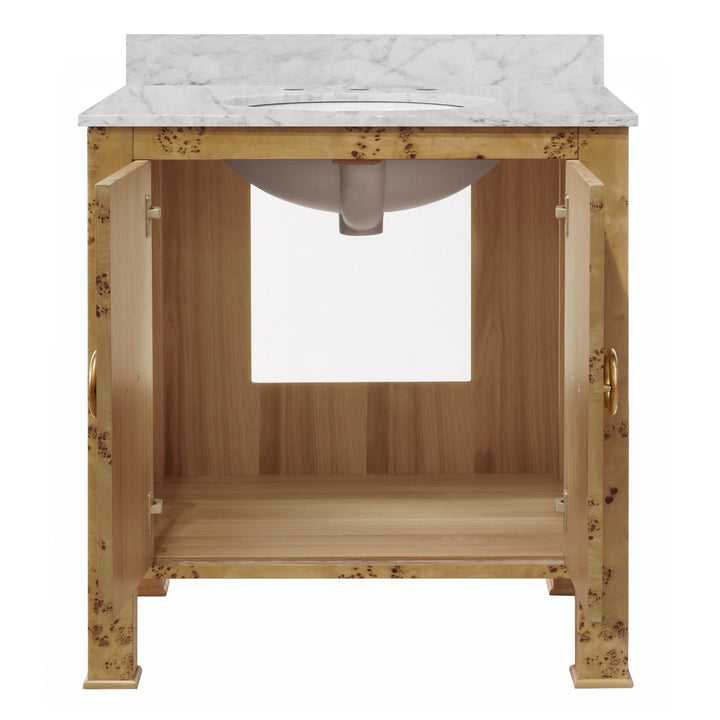 Blanche - Bath Vanity In Burl Wood W/ Ant. Brass Hardware, White Marble Top, And Porcelain Sink