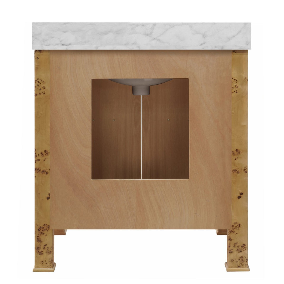 Blanche - Bath Vanity In Burl Wood W/ Ant. Brass Hardware, White Marble Top, And Porcelain Sink