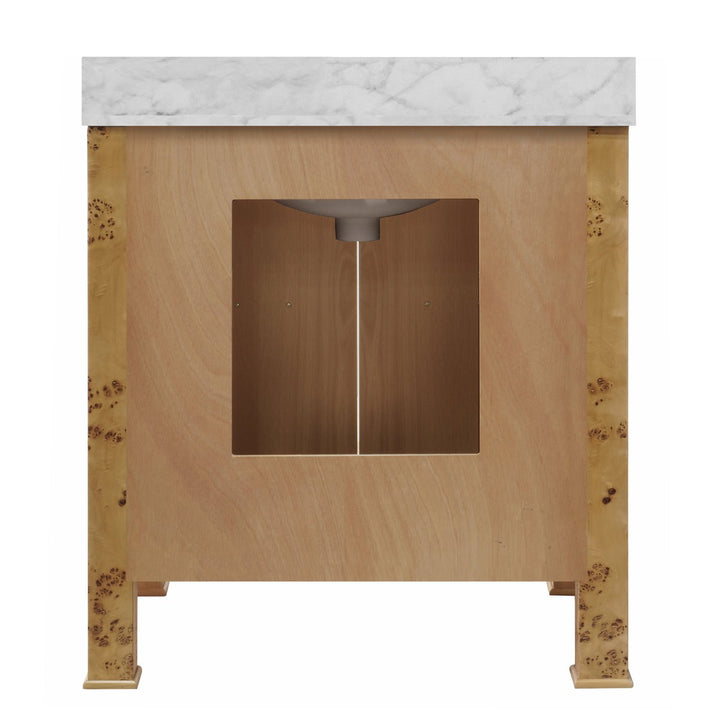 Blanche - Bath Vanity In Burl Wood W/ Ant. Brass Hardware, White Marble Top, And Porcelain Sink