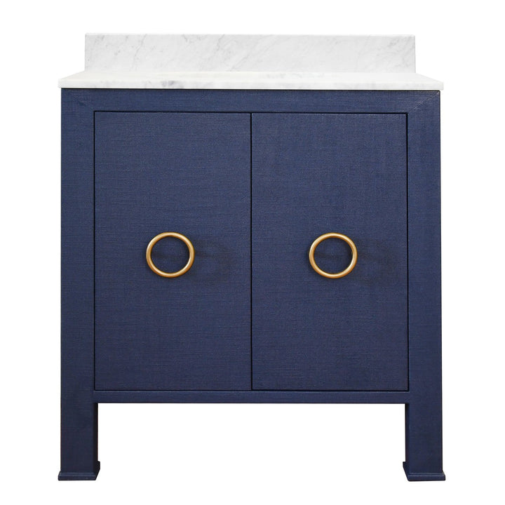 Blanche - Bath Vanity In Textured Navy Linen W/ Ant. Brass Hardware, White Marble Top, And Porcelain Sink