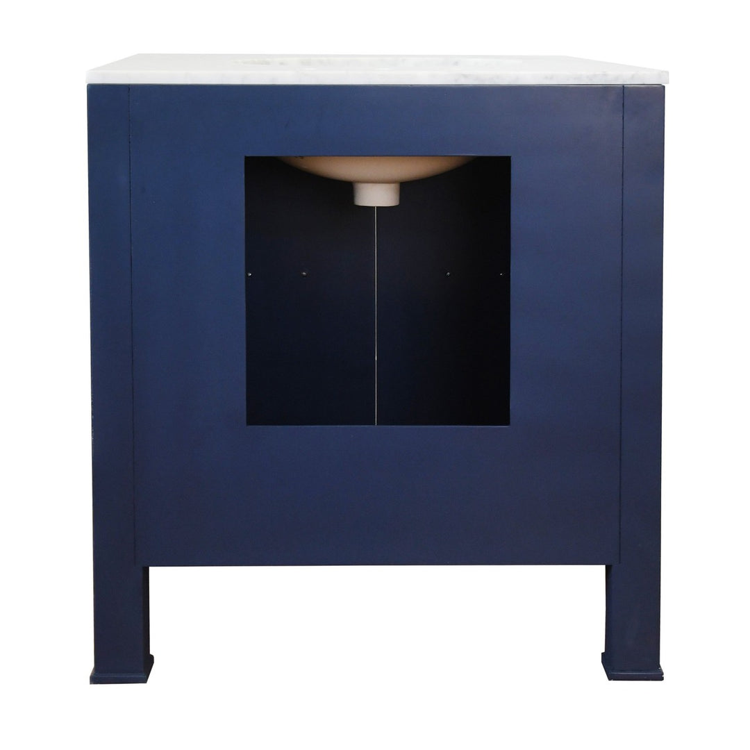 Blanche - Bath Vanity In Textured Navy Linen W/ Ant. Brass Hardware, White Marble Top, And Porcelain Sink