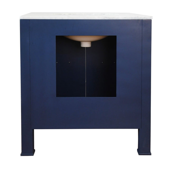 Blanche - Bath Vanity In Textured Navy Linen W/ Ant. Brass Hardware, White Marble Top, And Porcelain Sink