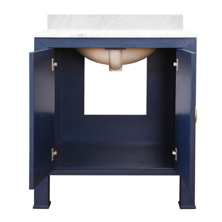 Blanche - Bath Vanity In Textured Navy Linen W/ Ant. Brass Hardware, White Marble Top, And Porcelain Sink