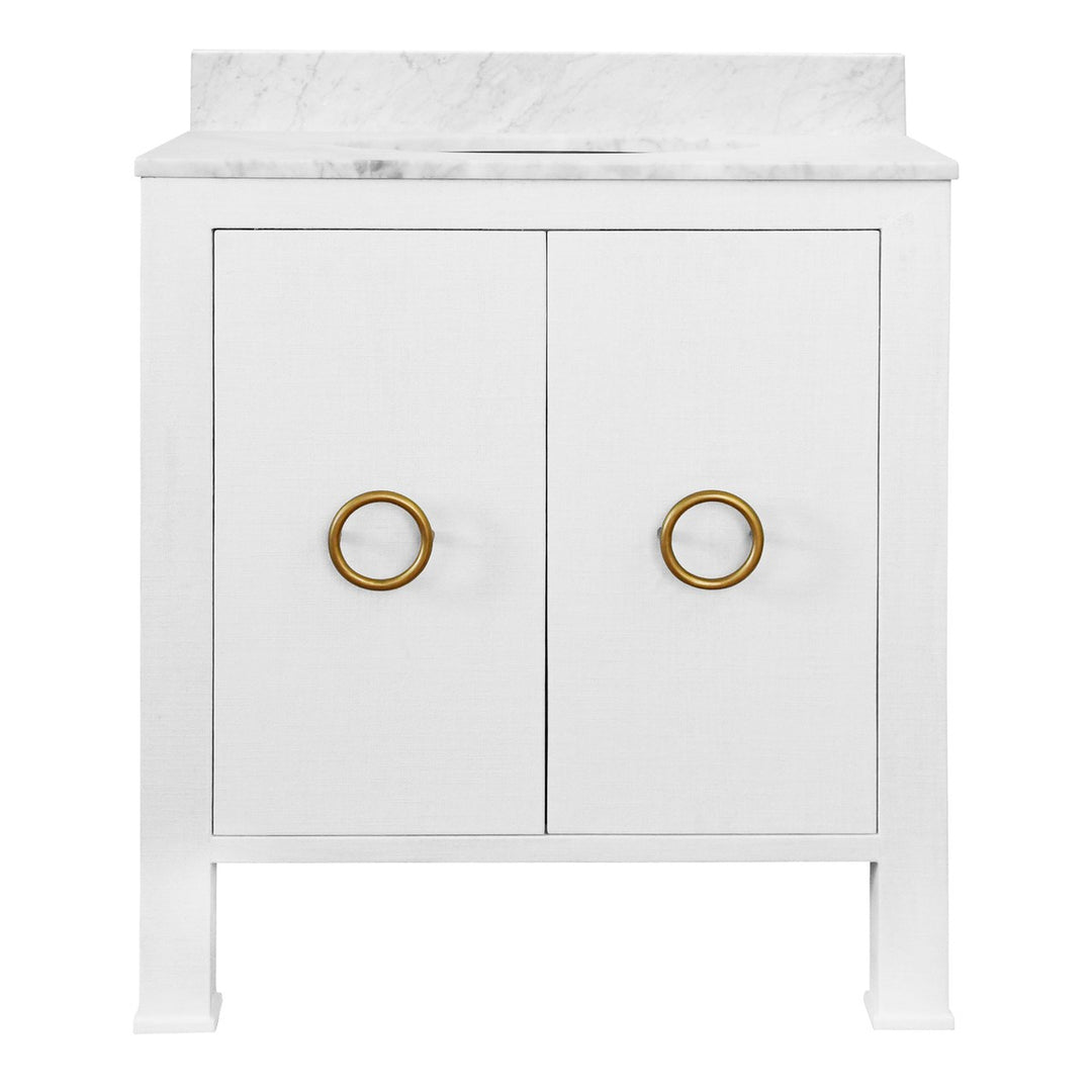 Blanche - Bath Vanity In Textured White Linen W/ Ant. Brass Hardware, White Marble Top, And Porcelain Sink