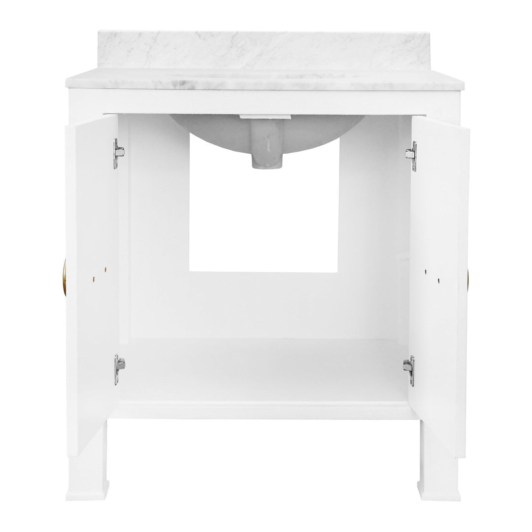 Blanche - Bath Vanity In Textured White Linen W/ Ant. Brass Hardware, White Marble Top, And Porcelain Sink