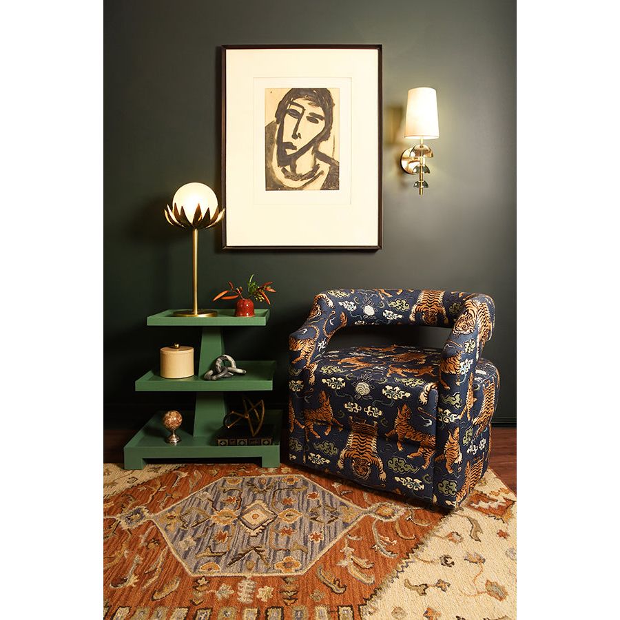 Side Tables Three Tier Center Column Side Table In Textured Green Linen