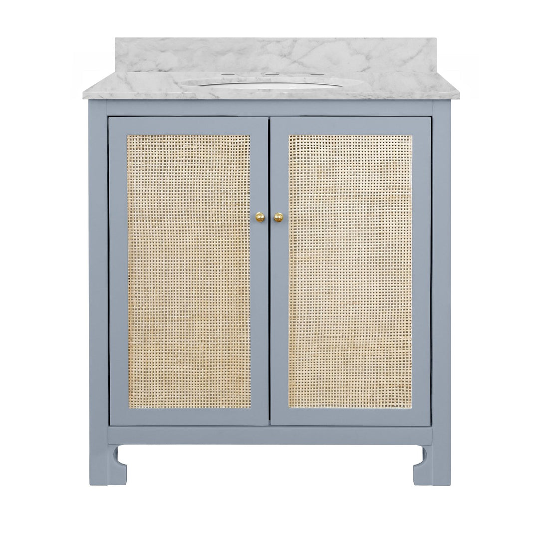 Boyd - Bath Vanity In Matte Light Blue Lacquer With Cane Front Doors, White Marble Top, Porcelain Sink, And Polished Brass Knobs