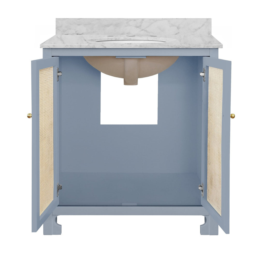 Boyd - Bath Vanity In Matte Light Blue Lacquer With Cane Front Doors, White Marble Top, Porcelain Sink, And Polished Brass Knobs