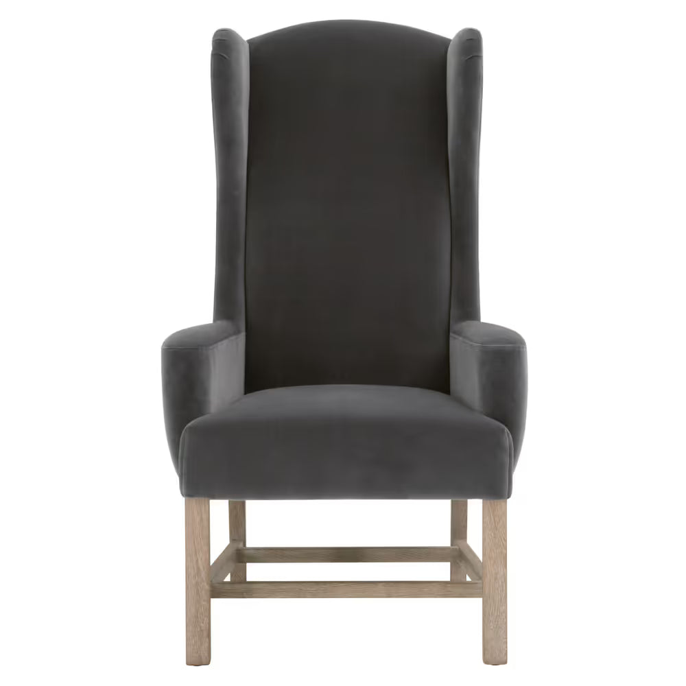 Bennett Arm Chair, shown in charcoal gray and dark gray with upholstery fabric, velvet-like textile, and fixed arms.