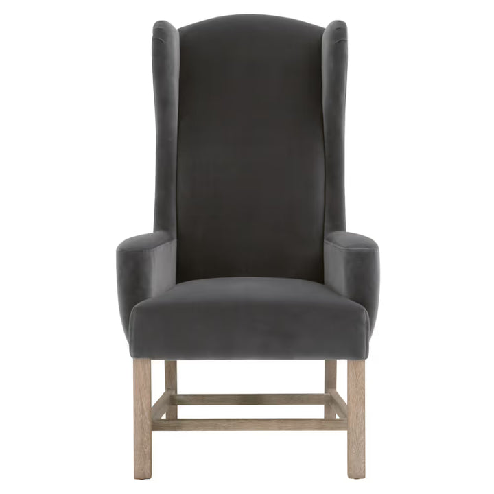 Bennett Arm Chair, shown in charcoal gray and dark gray with upholstery fabric, velvet-like textile, and fixed arms.