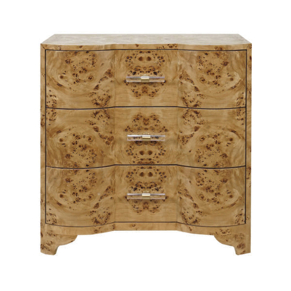 Calvin - Three Drawer Side Table In Burl Wood With Acrylic Hardware