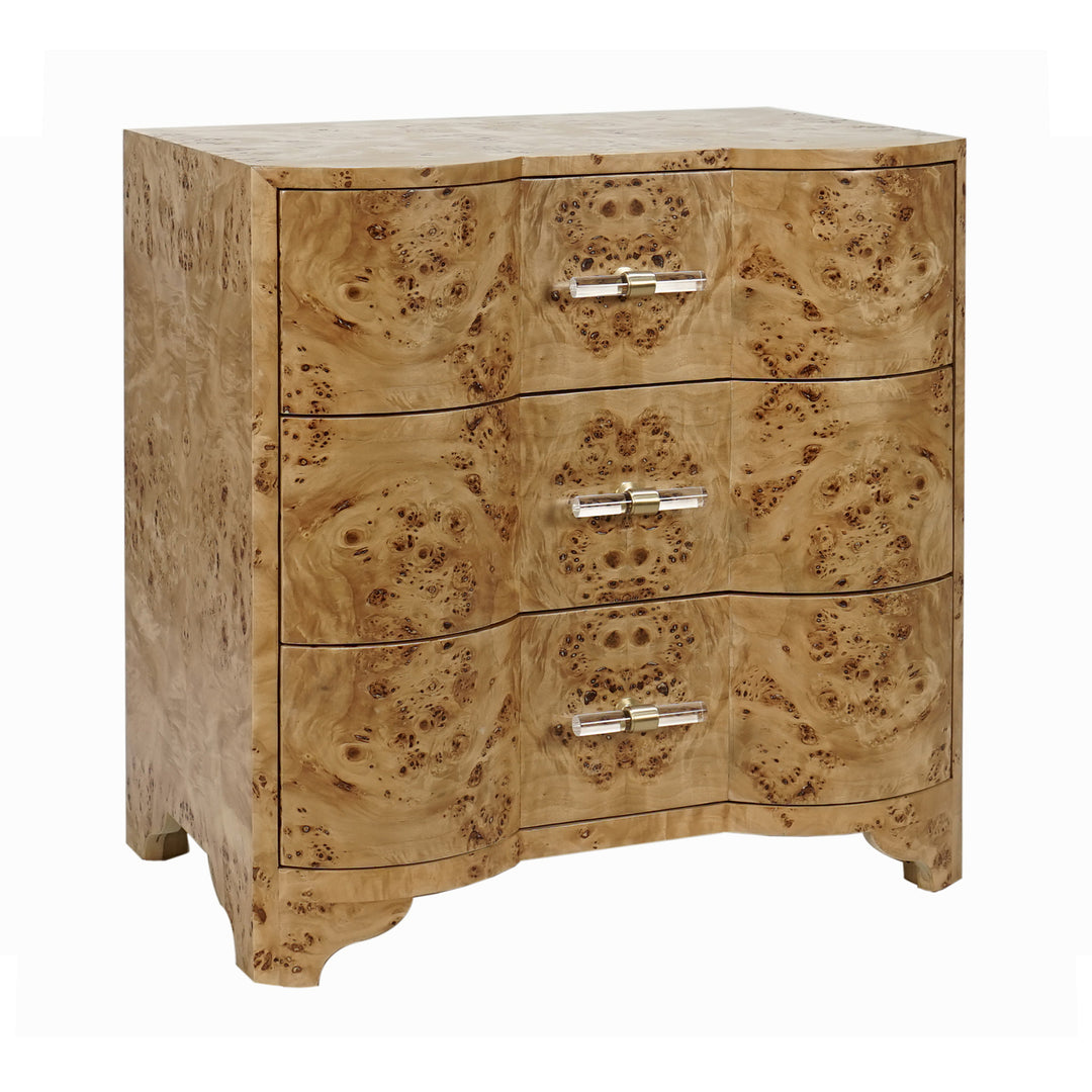 Calvin - Three Drawer Side Table In Burl Wood With Acrylic Hardware