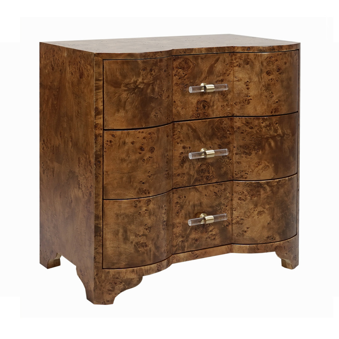 Calvin - Three Drawer Side Table In Dark Burl Wood With Acrylic Hardware