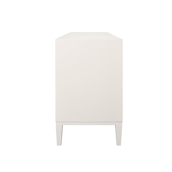 Three Drawer Side Table With Fluted Detail In Matte White Lacquer