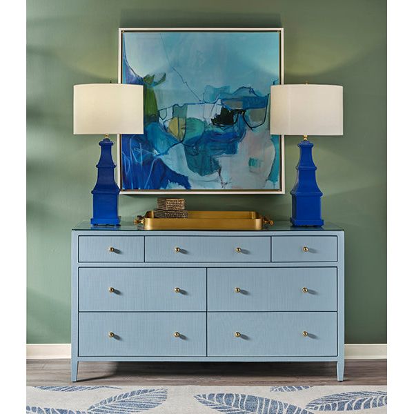 Cabinets & Curios Carnegie Seven Drawer Chest In Textured Light Blue Linen