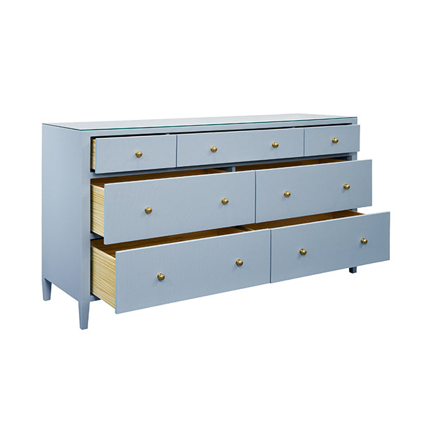 Cabinets & Curios Carnegie Seven Drawer Chest In Textured Light Blue Linen