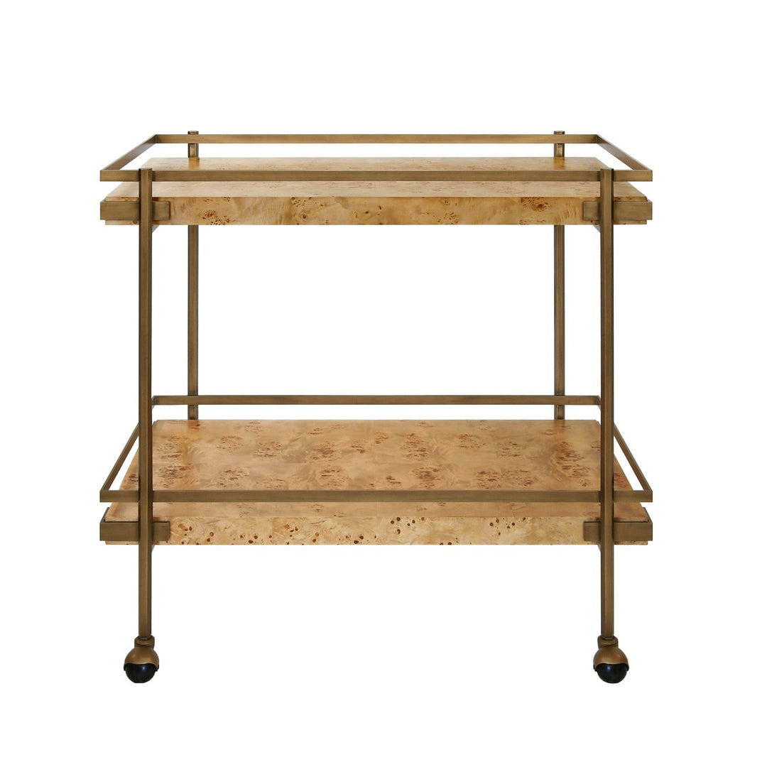 Cash - Antique Brass Bar Cart With Shelves In Burl Wood