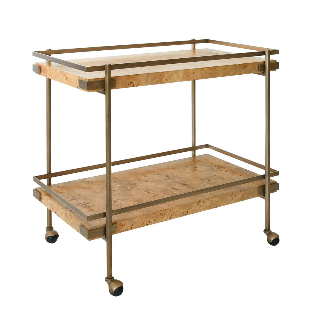 Cash - Antique Brass Bar Cart With Shelves In Burl Wood