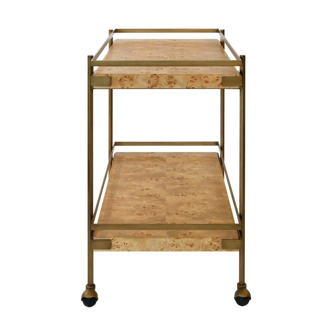 Cash - Antique Brass Bar Cart With Shelves In Burl Wood