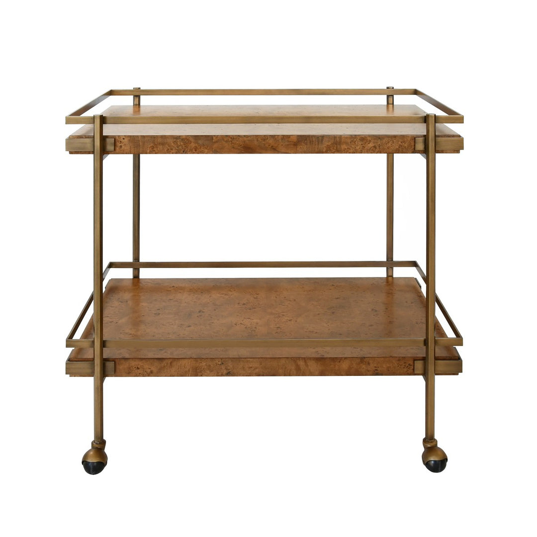 Cash - Antique Brass Bar Cart With Shelves In Dark Burl Wood