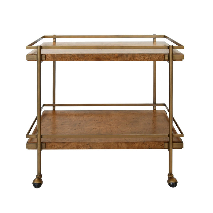 Cash - Antique Brass Bar Cart With Shelves In Dark Burl Wood