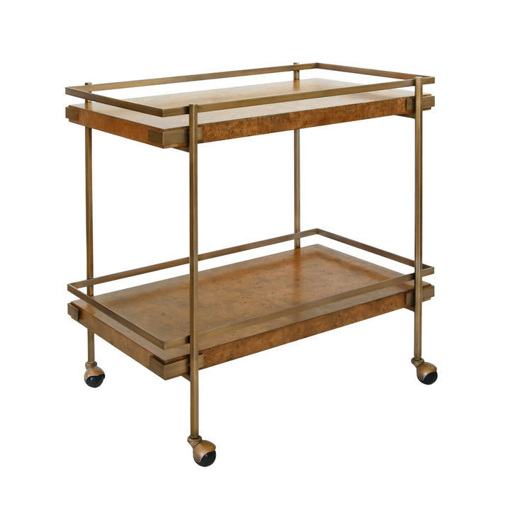 Cash - Antique Brass Bar Cart With Shelves In Dark Burl Wood