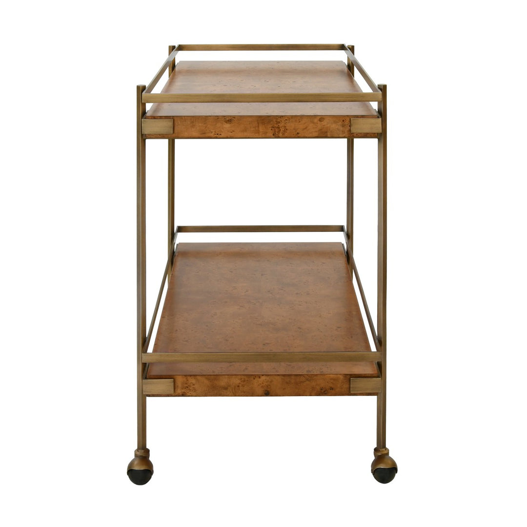 Cash - Antique Brass Bar Cart With Shelves In Dark Burl Wood