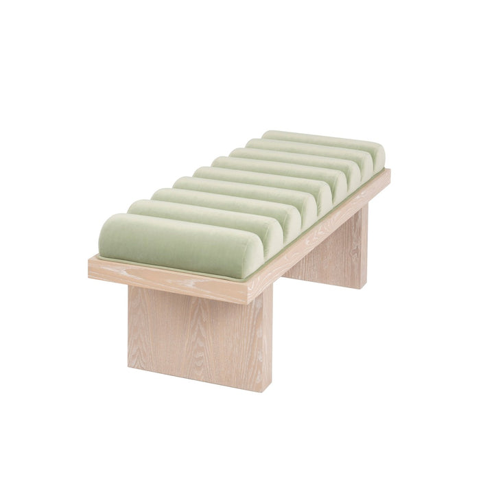 Caspian - Channeled Seat Bench With Cerused Oak Base In Sage Green Velvet