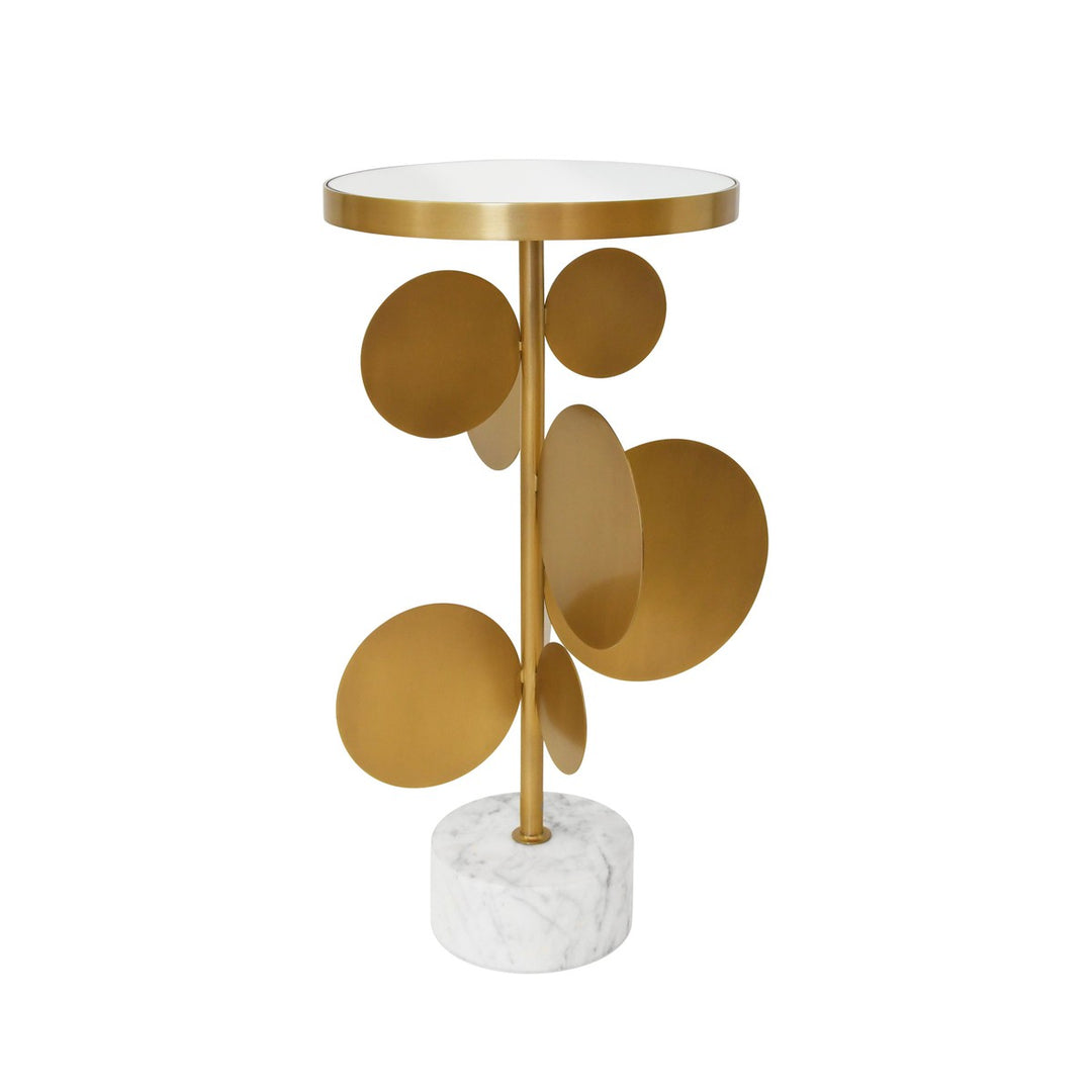 Cassius - Round Brass Side Table Featuring Base With Array Of Antique Brass Discs, White Marble Base, And Inset Mirror