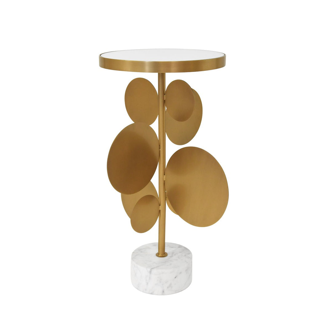 Cassius - Round Brass Side Table Featuring Base With Array Of Antique Brass Discs, White Marble Base, And Inset Mirror