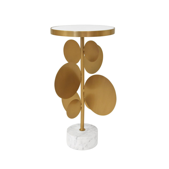 Cassius - Round Brass Side Table Featuring Base With Array Of Antique Brass Discs, White Marble Base, And Inset Mirror